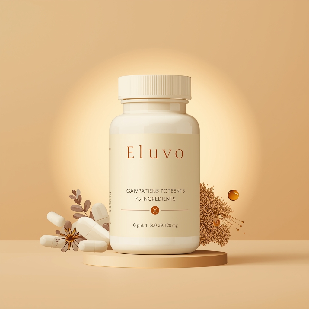 Eluvo supplement bottle illustration on a soft amber glow background